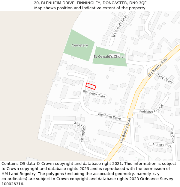 20, BLENHEIM DRIVE, FINNINGLEY, DONCASTER, DN9 3QF: Location map and indicative extent of plot