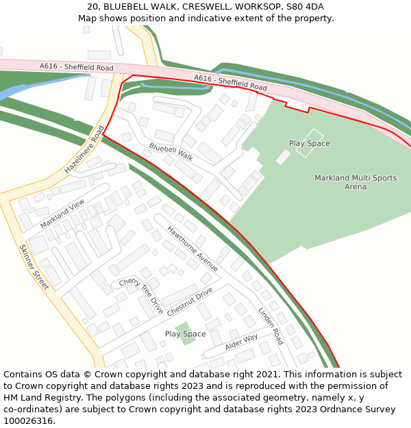 20, BLUEBELL WALK, CRESWELL, WORKSOP, S80 4DA: Location map and indicative extent of plot