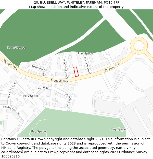 20, BLUEBELL WAY, WHITELEY, FAREHAM, PO15 7FF: Location map and indicative extent of plot