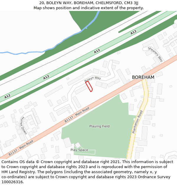 20, BOLEYN WAY, BOREHAM, CHELMSFORD, CM3 3JJ: Location map and indicative extent of plot