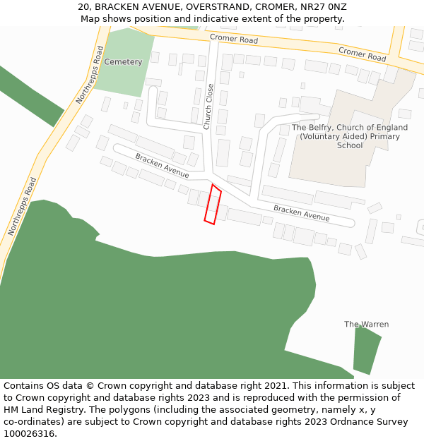 20, BRACKEN AVENUE, OVERSTRAND, CROMER, NR27 0NZ: Location map and indicative extent of plot