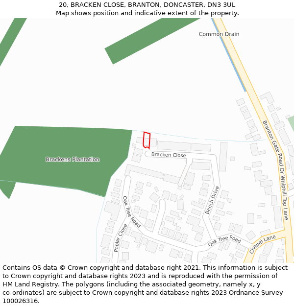 20, BRACKEN CLOSE, BRANTON, DONCASTER, DN3 3UL: Location map and indicative extent of plot