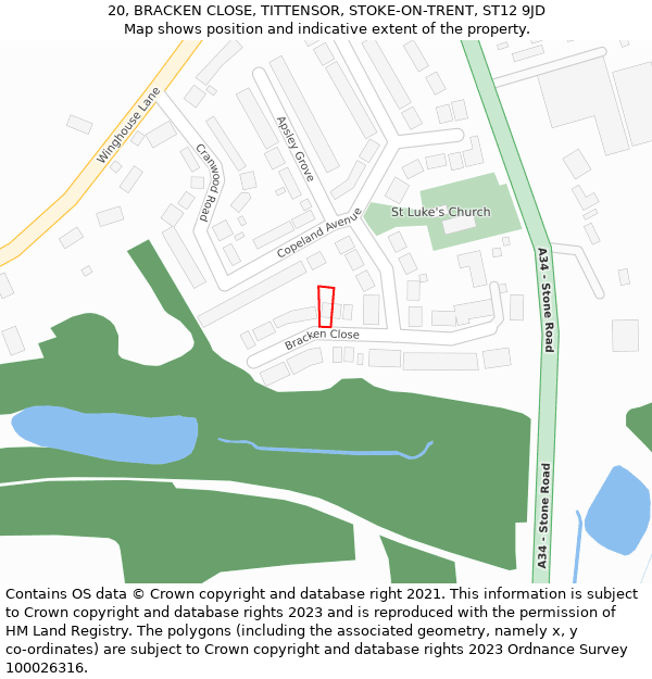 20, BRACKEN CLOSE, TITTENSOR, STOKE-ON-TRENT, ST12 9JD: Location map and indicative extent of plot