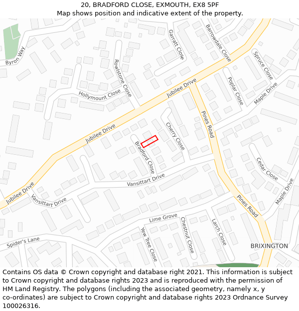 20, BRADFORD CLOSE, EXMOUTH, EX8 5PF: Location map and indicative extent of plot