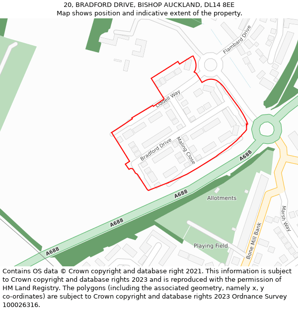 20, BRADFORD DRIVE, BISHOP AUCKLAND, DL14 8EE: Location map and indicative extent of plot