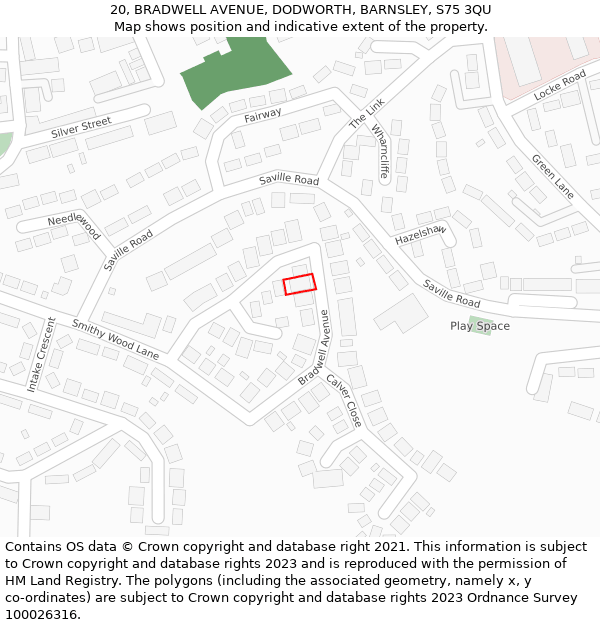 20, BRADWELL AVENUE, DODWORTH, BARNSLEY, S75 3QU: Location map and indicative extent of plot