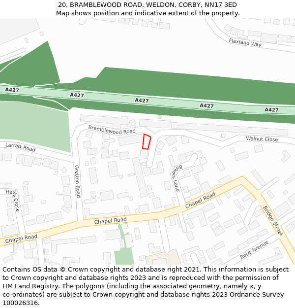 20, BRAMBLEWOOD ROAD, WELDON, CORBY, NN17 3ED: Location map and indicative extent of plot