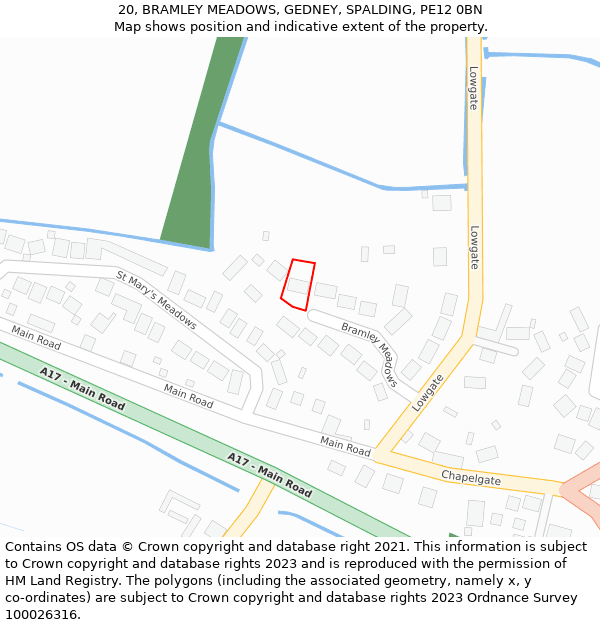 20, BRAMLEY MEADOWS, GEDNEY, SPALDING, PE12 0BN: Location map and indicative extent of plot