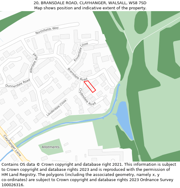 20, BRANSDALE ROAD, CLAYHANGER, WALSALL, WS8 7SD: Location map and indicative extent of plot