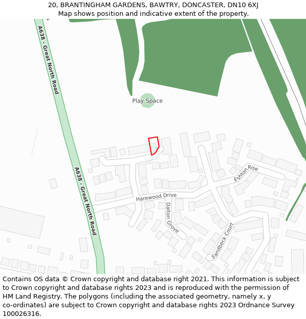 20, BRANTINGHAM GARDENS, BAWTRY, DONCASTER, DN10 6XJ: Location map and indicative extent of plot