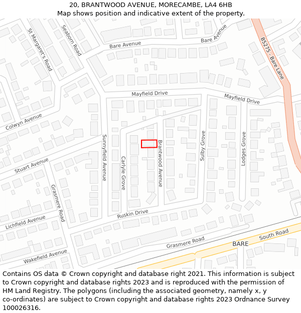 20, BRANTWOOD AVENUE, MORECAMBE, LA4 6HB: Location map and indicative extent of plot