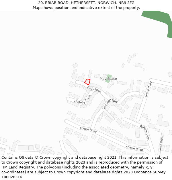 20, BRIAR ROAD, HETHERSETT, NORWICH, NR9 3FG: Location map and indicative extent of plot