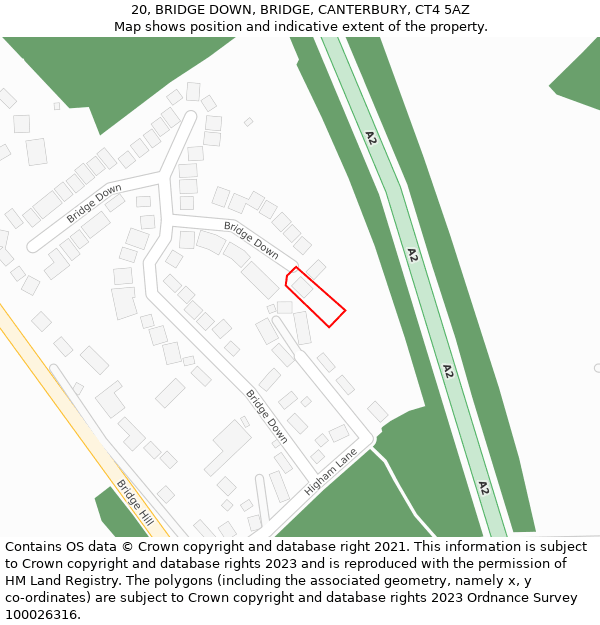 20, BRIDGE DOWN, BRIDGE, CANTERBURY, CT4 5AZ: Location map and indicative extent of plot