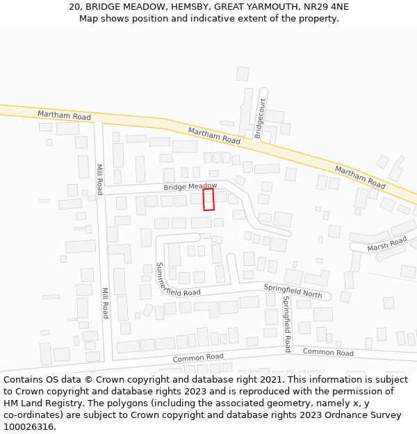 20, BRIDGE MEADOW, HEMSBY, GREAT YARMOUTH, NR29 4NE: Location map and indicative extent of plot