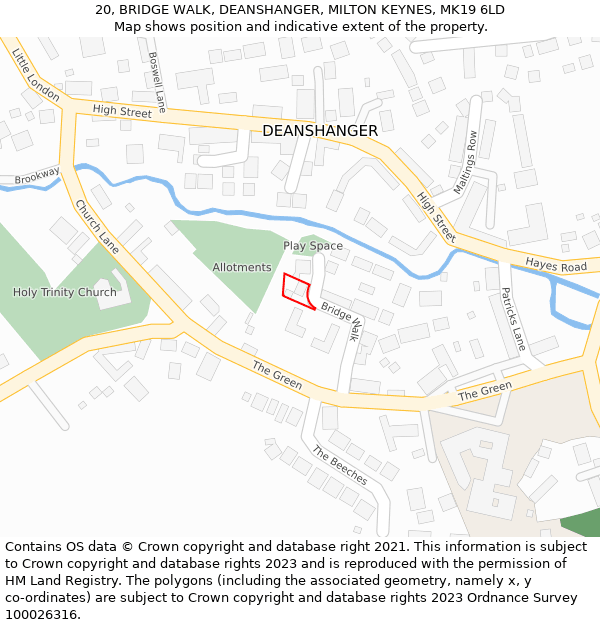 20, BRIDGE WALK, DEANSHANGER, MILTON KEYNES, MK19 6LD: Location map and indicative extent of plot