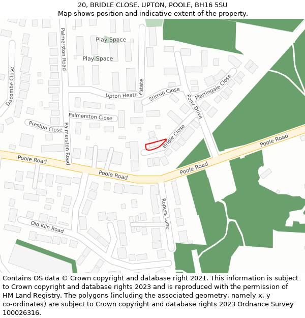 20, BRIDLE CLOSE, UPTON, POOLE, BH16 5SU: Location map and indicative extent of plot