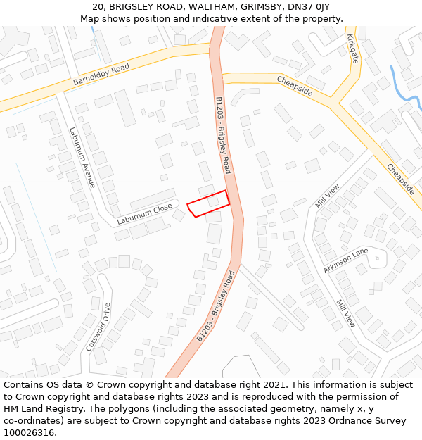 20, BRIGSLEY ROAD, WALTHAM, GRIMSBY, DN37 0JY: Location map and indicative extent of plot