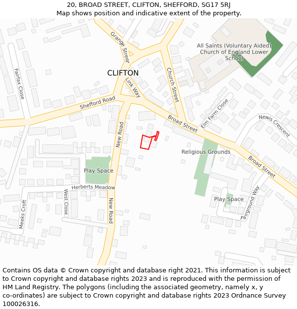 20, BROAD STREET, CLIFTON, SHEFFORD, SG17 5RJ: Location map and indicative extent of plot
