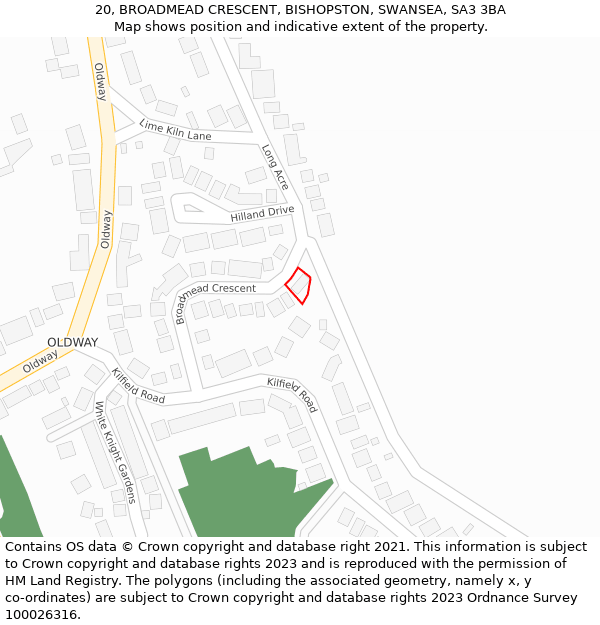 20, BROADMEAD CRESCENT, BISHOPSTON, SWANSEA, SA3 3BA: Location map and indicative extent of plot