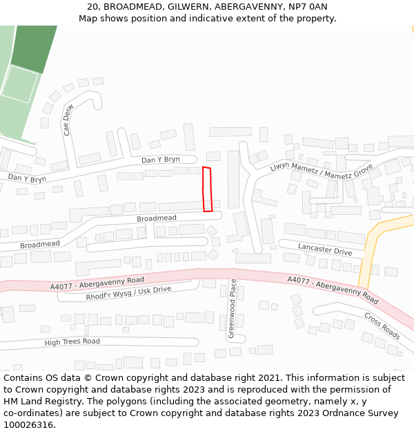 20, BROADMEAD, GILWERN, ABERGAVENNY, NP7 0AN: Location map and indicative extent of plot