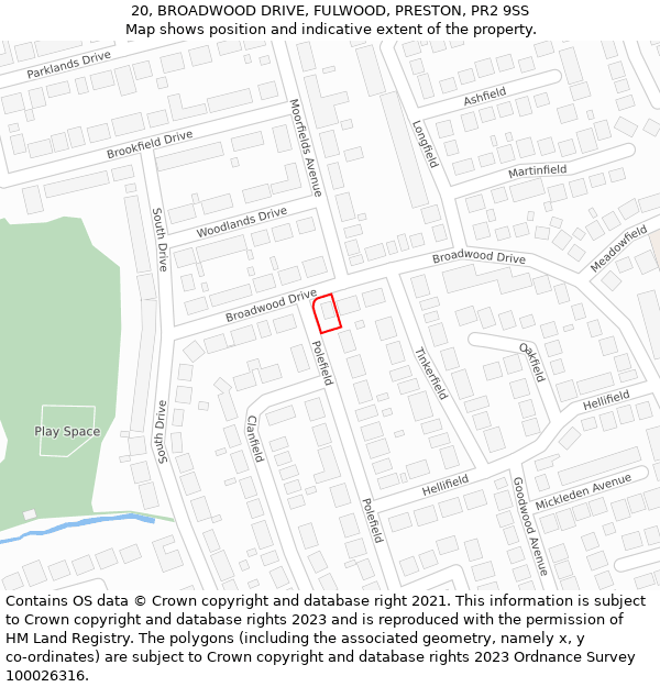 20, BROADWOOD DRIVE, FULWOOD, PRESTON, PR2 9SS: Location map and indicative extent of plot