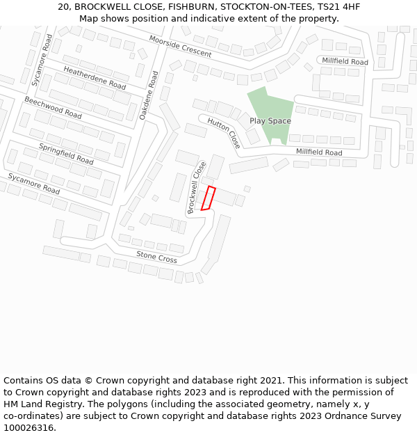 20, BROCKWELL CLOSE, FISHBURN, STOCKTON-ON-TEES, TS21 4HF: Location map and indicative extent of plot