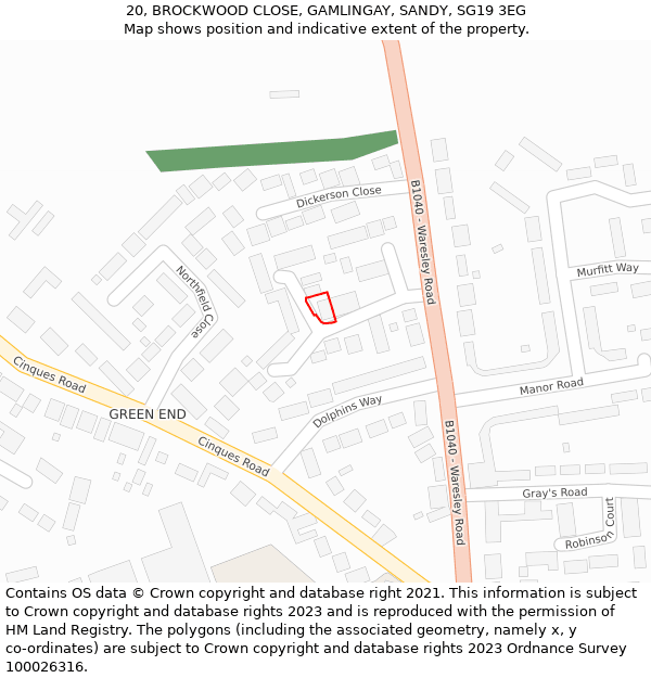 20, BROCKWOOD CLOSE, GAMLINGAY, SANDY, SG19 3EG: Location map and indicative extent of plot