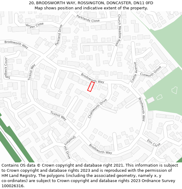 20, BRODSWORTH WAY, ROSSINGTON, DONCASTER, DN11 0FD: Location map and indicative extent of plot