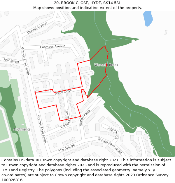 20, BROOK CLOSE, HYDE, SK14 5SL: Location map and indicative extent of plot