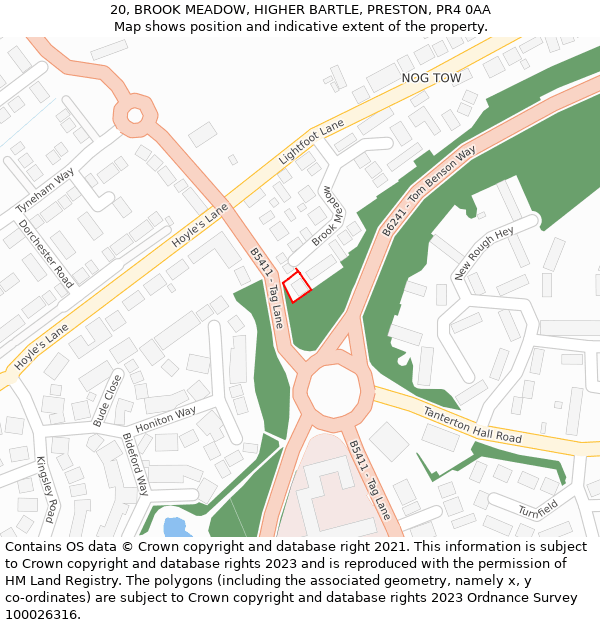 20, BROOK MEADOW, HIGHER BARTLE, PRESTON, PR4 0AA: Location map and indicative extent of plot