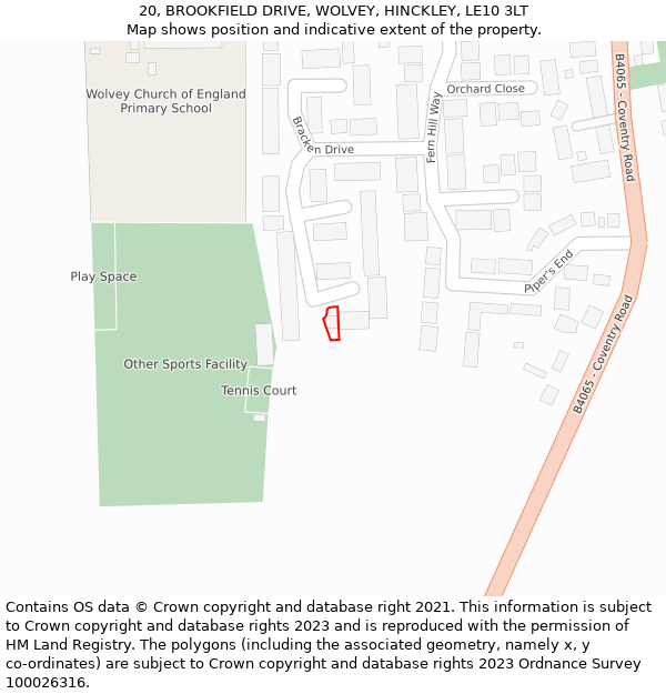 20, BROOKFIELD DRIVE, WOLVEY, HINCKLEY, LE10 3LT: Location map and indicative extent of plot