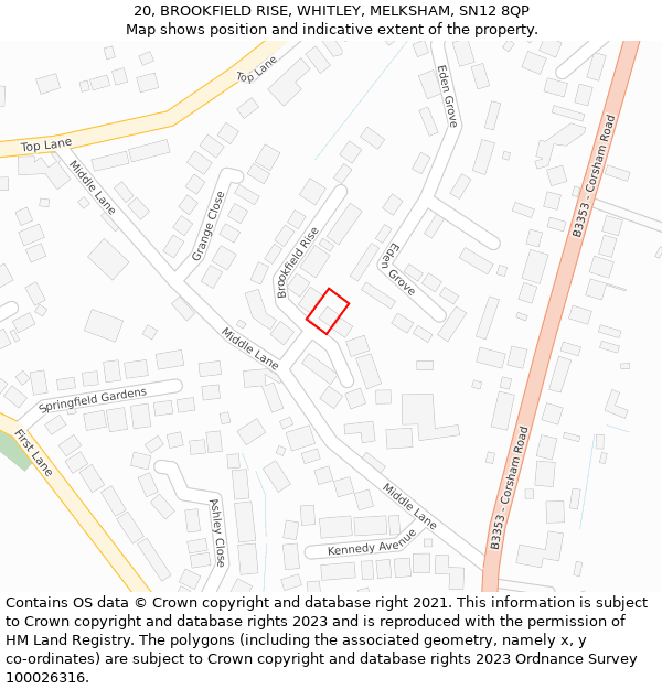 20, BROOKFIELD RISE, WHITLEY, MELKSHAM, SN12 8QP: Location map and indicative extent of plot