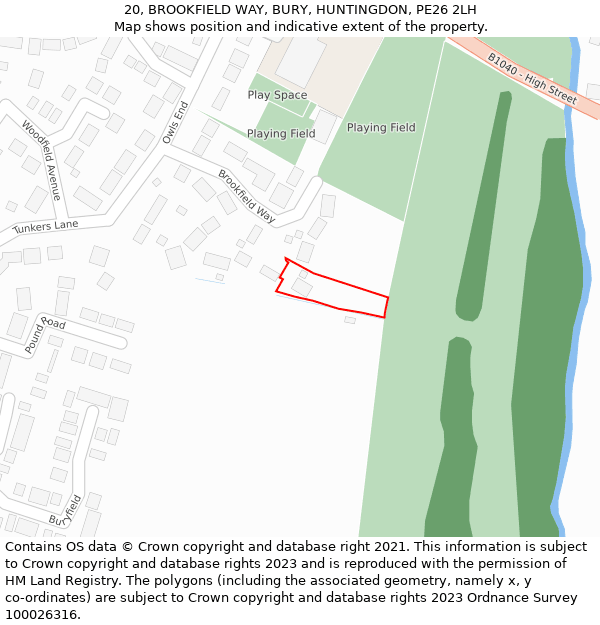 20, BROOKFIELD WAY, BURY, HUNTINGDON, PE26 2LH: Location map and indicative extent of plot