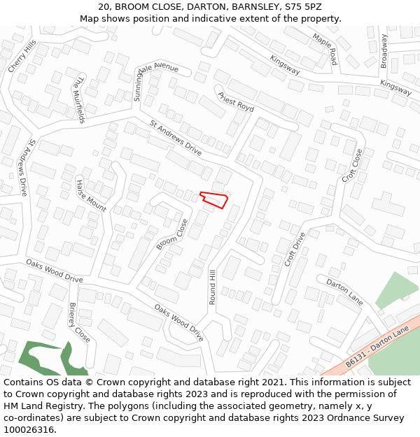 20, BROOM CLOSE, DARTON, BARNSLEY, S75 5PZ: Location map and indicative extent of plot