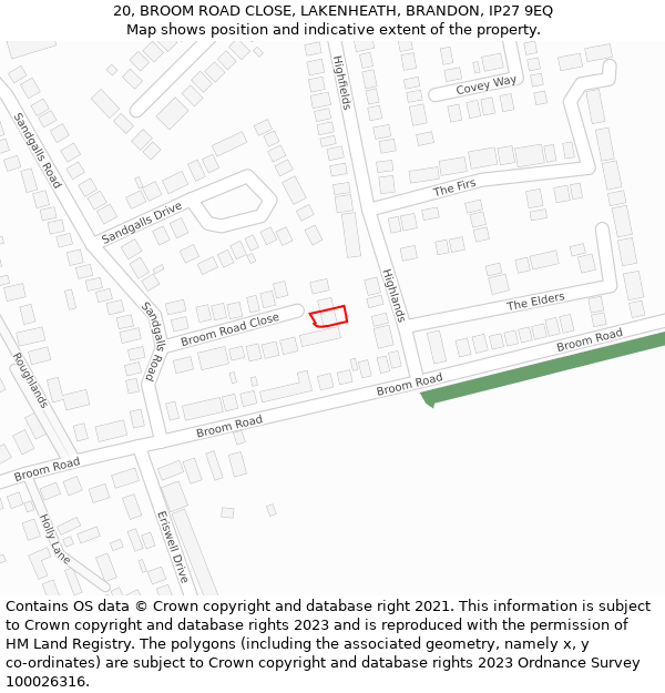 20, BROOM ROAD CLOSE, LAKENHEATH, BRANDON, IP27 9EQ: Location map and indicative extent of plot