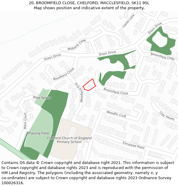 20, BROOMFIELD CLOSE, CHELFORD, MACCLESFIELD, SK11 9SL: Location map and indicative extent of plot