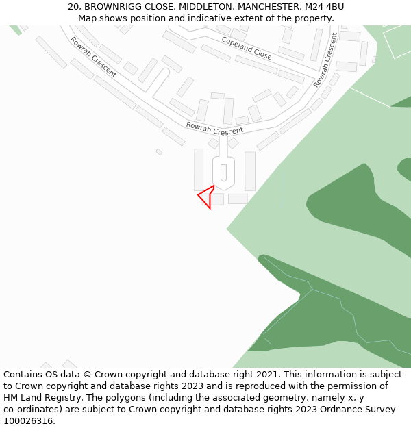 20, BROWNRIGG CLOSE, MIDDLETON, MANCHESTER, M24 4BU: Location map and indicative extent of plot