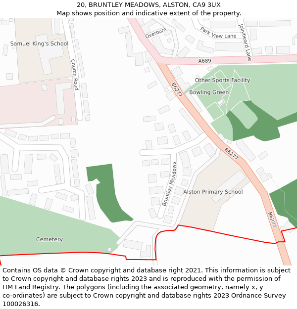 20, BRUNTLEY MEADOWS, ALSTON, CA9 3UX: Location map and indicative extent of plot