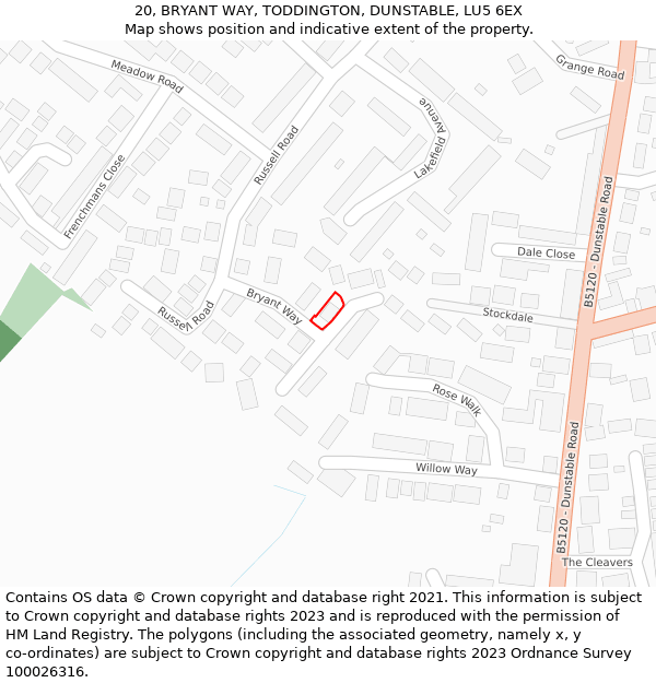 20, BRYANT WAY, TODDINGTON, DUNSTABLE, LU5 6EX: Location map and indicative extent of plot