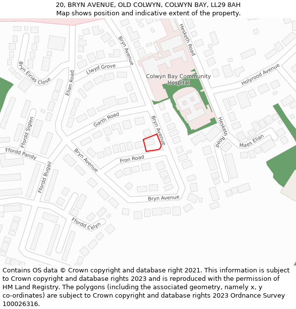 20, BRYN AVENUE, OLD COLWYN, COLWYN BAY, LL29 8AH: Location map and indicative extent of plot