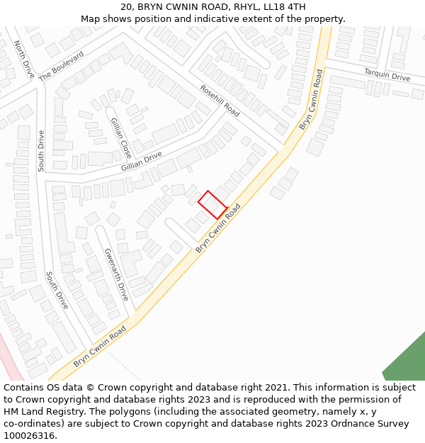 20, BRYN CWNIN ROAD, RHYL, LL18 4TH: Location map and indicative extent of plot
