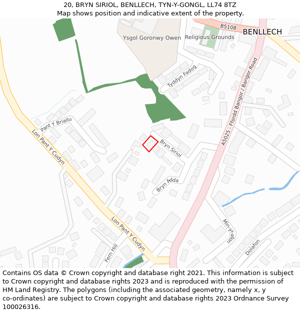 20, BRYN SIRIOL, BENLLECH, TYN-Y-GONGL, LL74 8TZ: Location map and indicative extent of plot