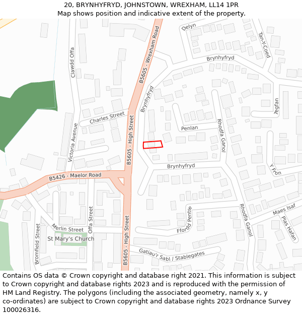 20, BRYNHYFRYD, JOHNSTOWN, WREXHAM, LL14 1PR: Location map and indicative extent of plot