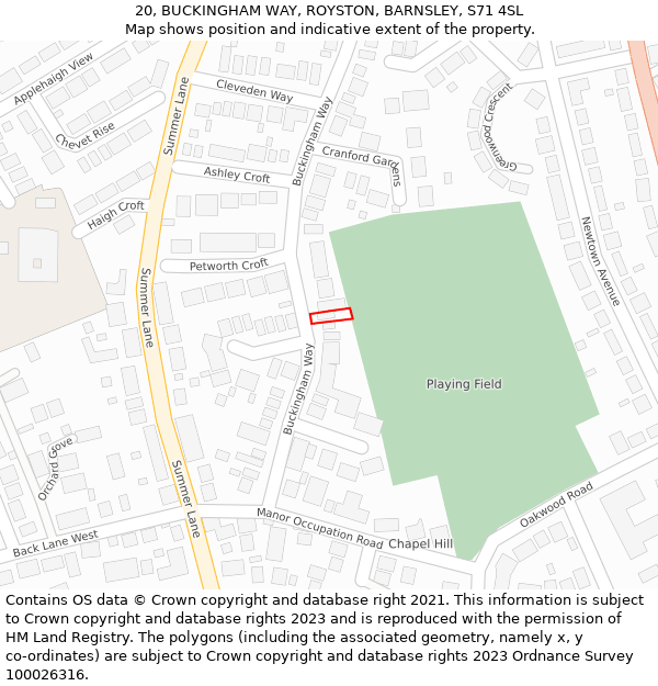 20, BUCKINGHAM WAY, ROYSTON, BARNSLEY, S71 4SL: Location map and indicative extent of plot