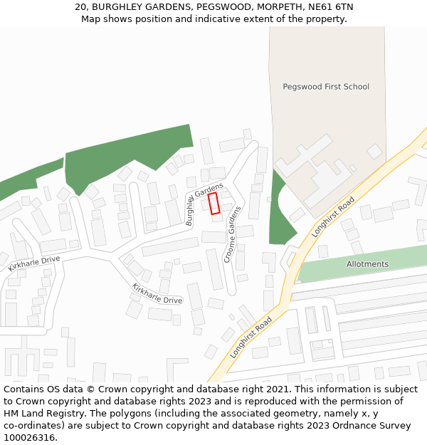 20, BURGHLEY GARDENS, PEGSWOOD, MORPETH, NE61 6TN: Location map and indicative extent of plot