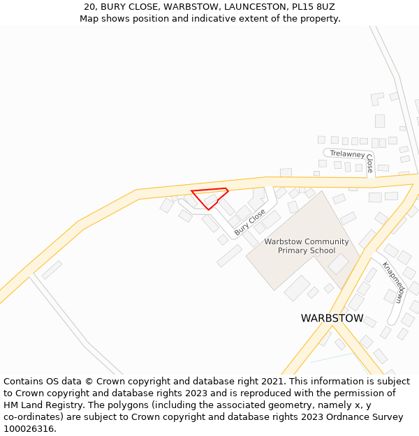 20, BURY CLOSE, WARBSTOW, LAUNCESTON, PL15 8UZ: Location map and indicative extent of plot