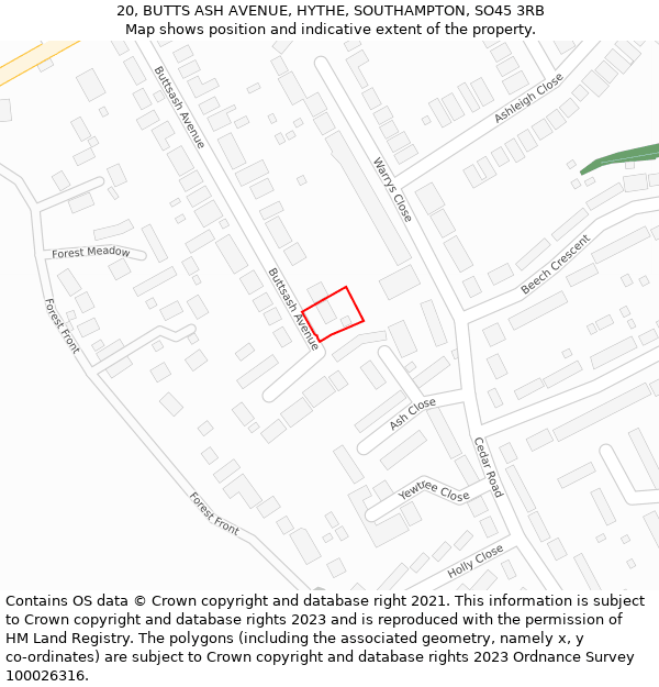 20, BUTTS ASH AVENUE, HYTHE, SOUTHAMPTON, SO45 3RB: Location map and indicative extent of plot