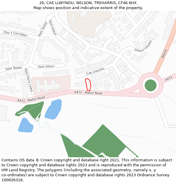 20, CAE LLWYNDU, NELSON, TREHARRIS, CF46 6HX: Location map and indicative extent of plot