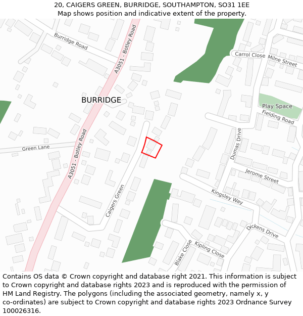 20, CAIGERS GREEN, BURRIDGE, SOUTHAMPTON, SO31 1EE: Location map and indicative extent of plot
