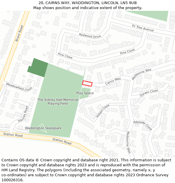 20, CAIRNS WAY, WADDINGTON, LINCOLN, LN5 9UB: Location map and indicative extent of plot